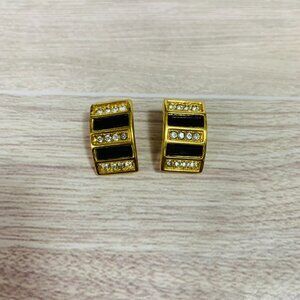 Vintage SAL Swavroski Gold Tone Black Clip On Earrings
